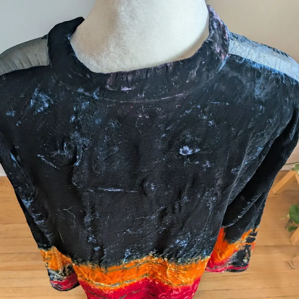 Vintage Y2K Citron Velvet Burnout Top Button Front Tie Dye Whimsygoth Size XL